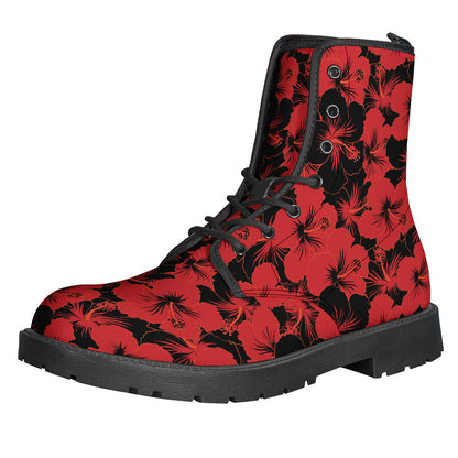 Black and Red Hibiscus Pattern Leather Lightweight Boots: Perfect for Hippies - 1