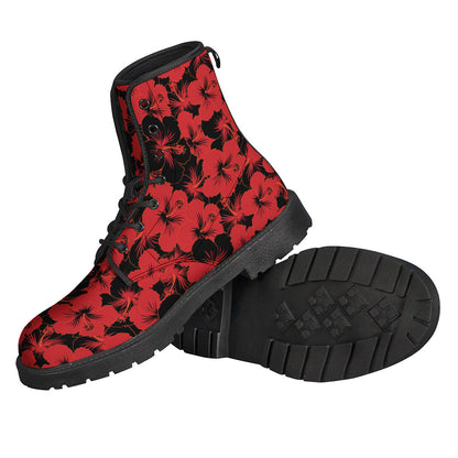 Black and Red Hibiscus Pattern Leather Lightweight Boots: Perfect for Hippies - 2