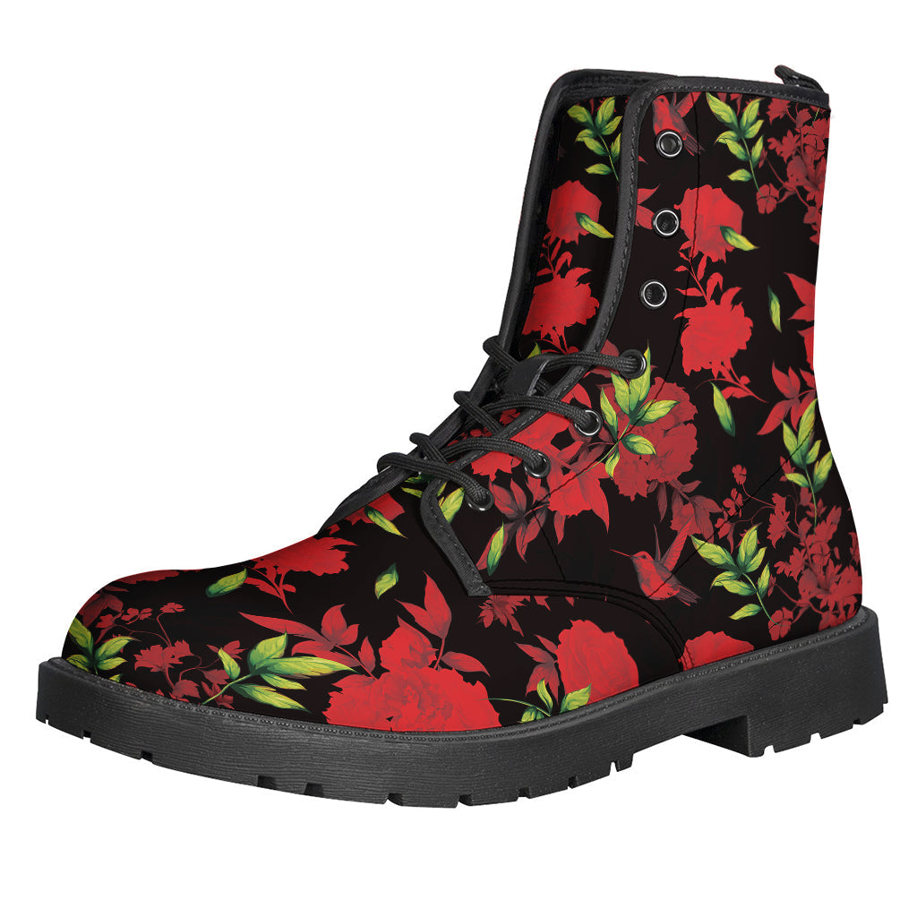 Black and Red Roses Floral Print Leather Boots for Stylish Hippies - 1