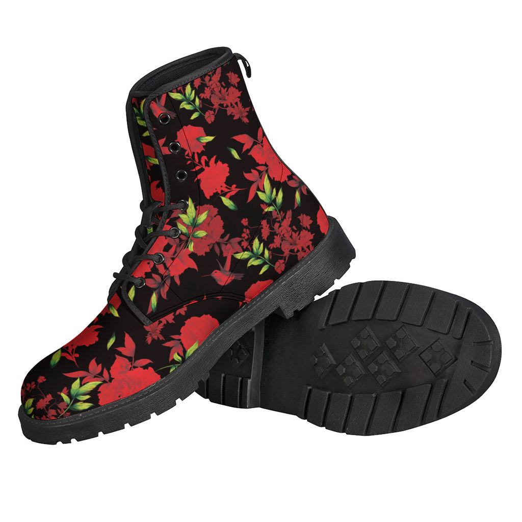 Black and Red Roses Floral Print Leather Boots for Stylish Hippies - 2