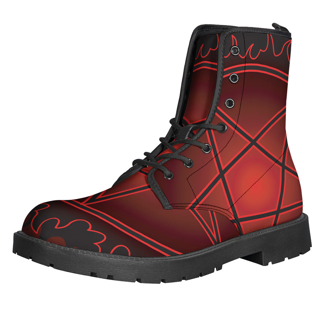 Step Out in Style: Black and Red Satanic Pentagram Print Leather Lightweight Boots for Hippies - 1