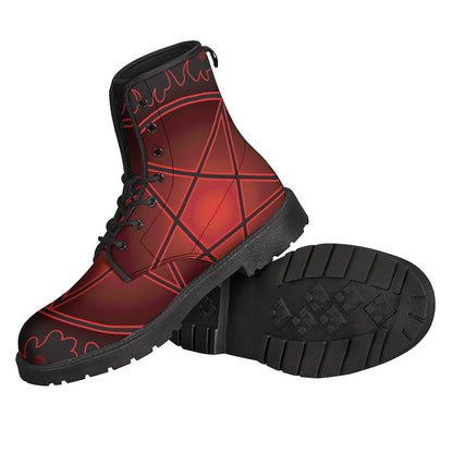 Step Out in Style: Black and Red Satanic Pentagram Print Leather Lightweight Boots for Hippies - 2