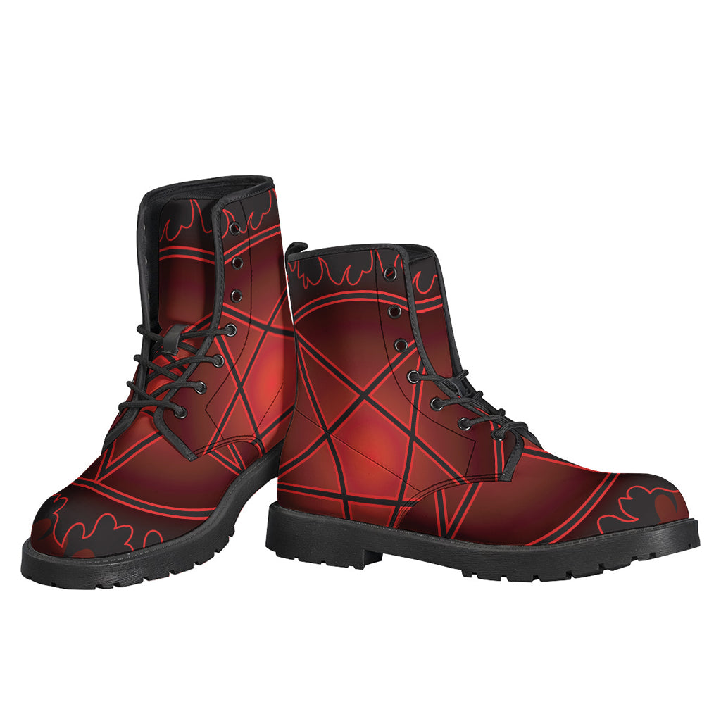 Step Out in Style: Black and Red Satanic Pentagram Print Leather Lightweight Boots for Hippies - 3