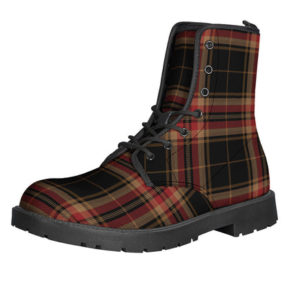 Groovy Vibes: Black and Red Stewart Tartan Print Leather Lightweight Boots for Hippies - 1