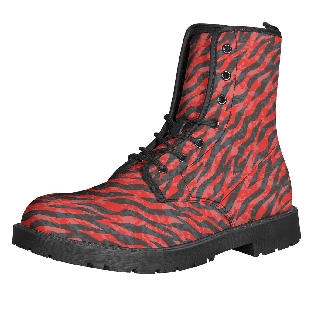 Black and Red Tiger Stripe Camo Leather Boots for Free-Spirited Hippies - 1