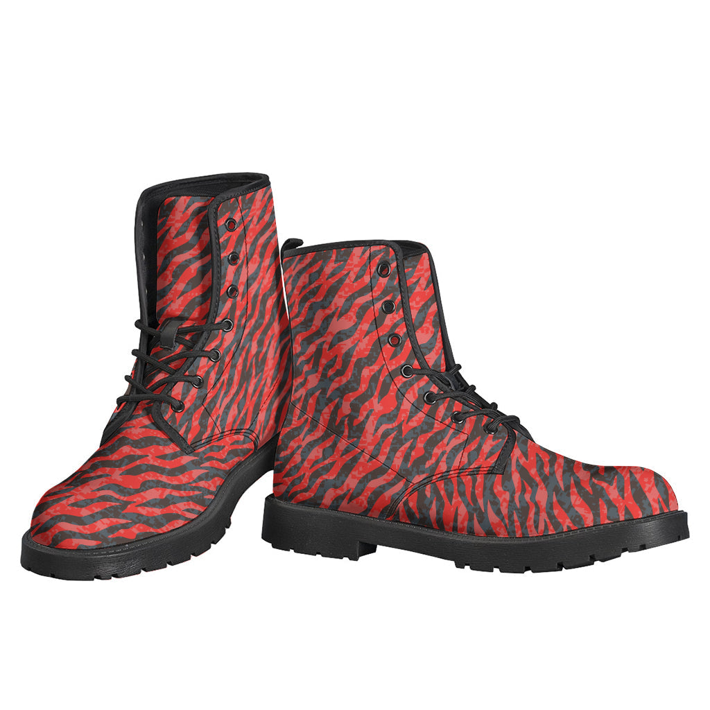 Black and Red Tiger Stripe Camo Leather Boots for Free-Spirited Hippies - 3