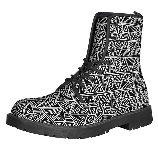 Boho Chic: Black and White African Ethnic Print Leather Lightweight Boots - 1