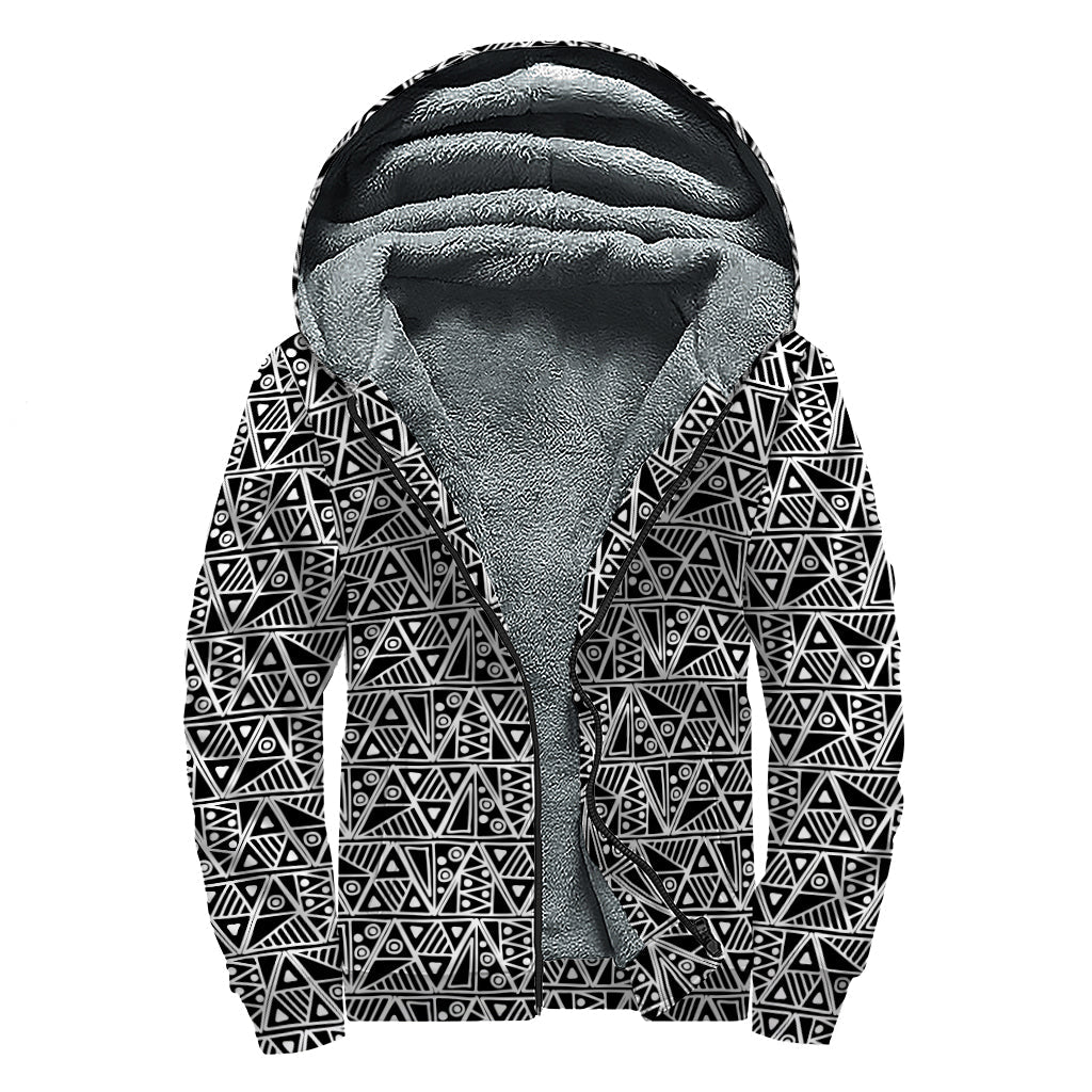 Groovy Black and White Ethnic Print Sherpa Lined Zip Up Hoodie for Free-Spirited Hippies - 1