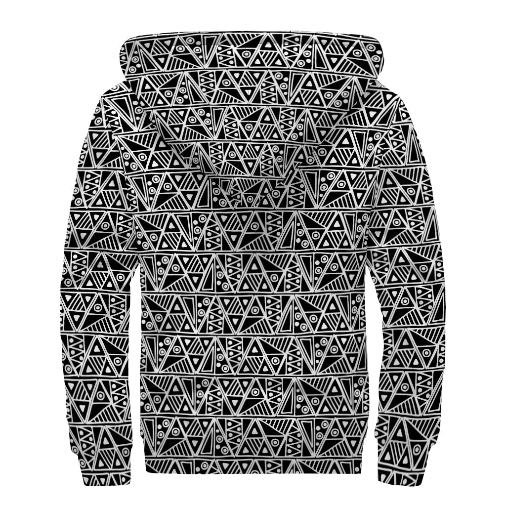 Groovy Black and White Ethnic Print Sherpa Lined Zip Up Hoodie for Free-Spirited Hippies - 2