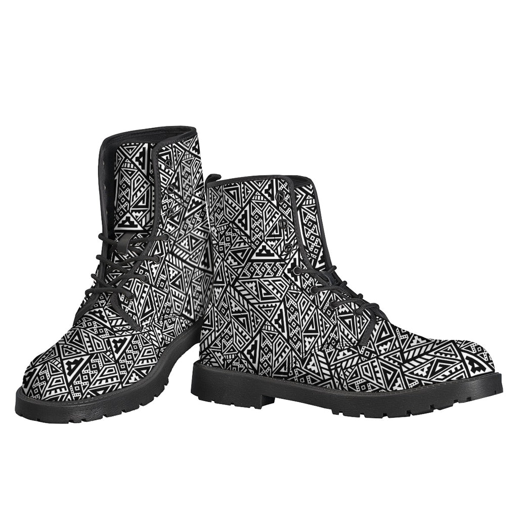 Boho Chic: Black and White African Inspired Leather Boots for Hippies - 3