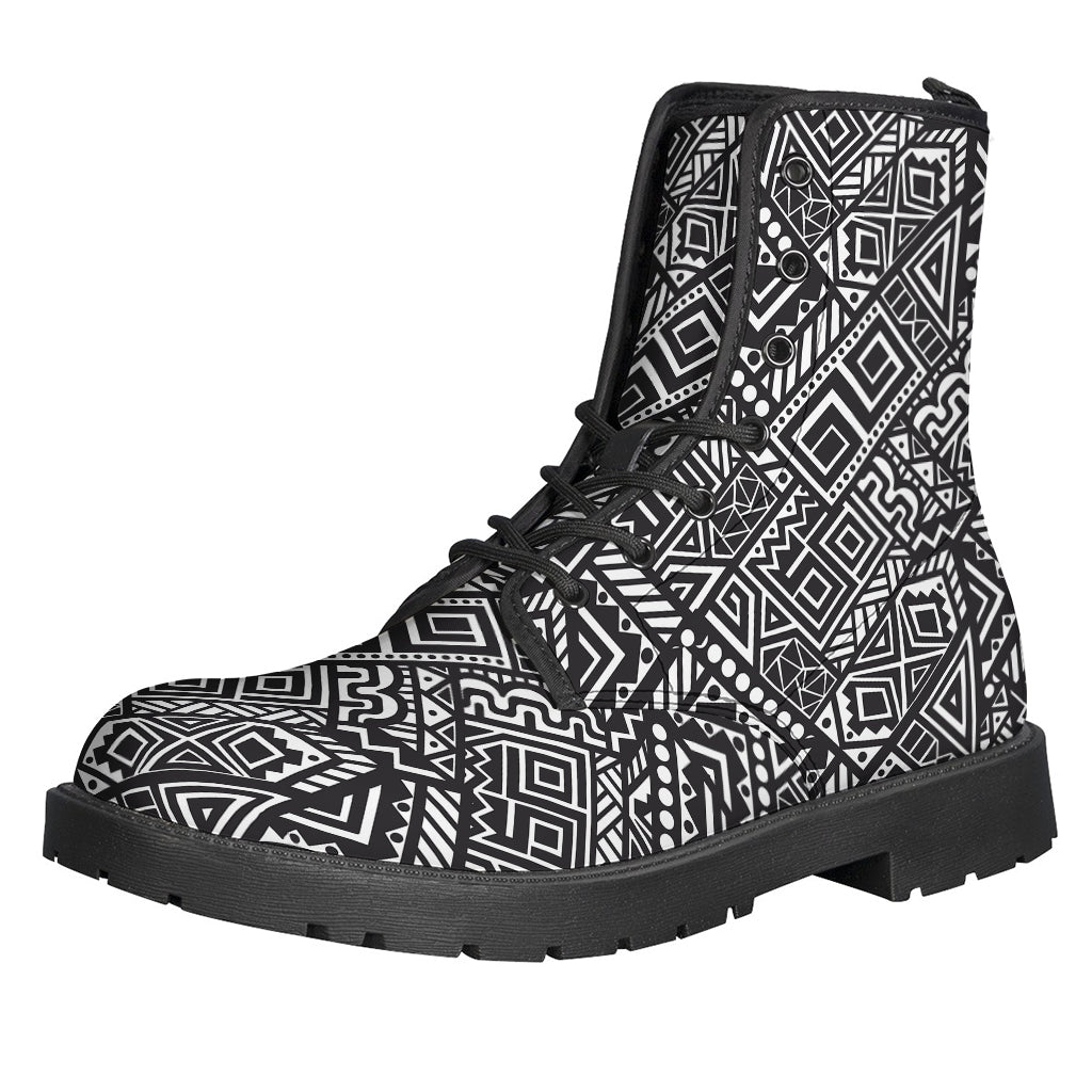 Boho Chic Vibes: Black and White African Tribal Print Leather Boots - 1