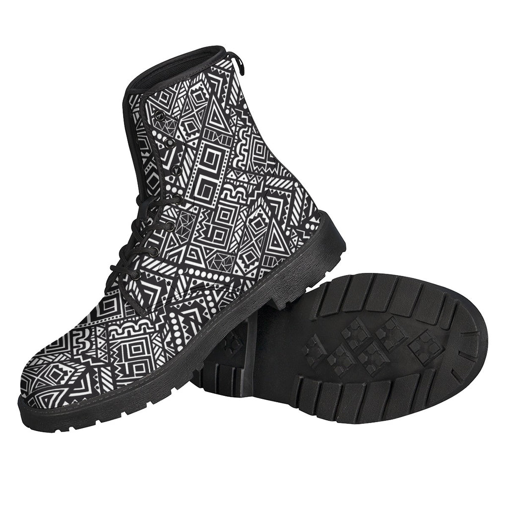 Boho Chic Vibes: Black and White African Tribal Print Leather Boots - 2