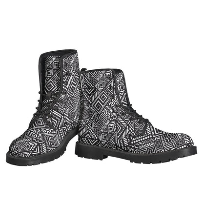 Boho Chic Vibes: Black and White African Tribal Print Leather Boots - 3