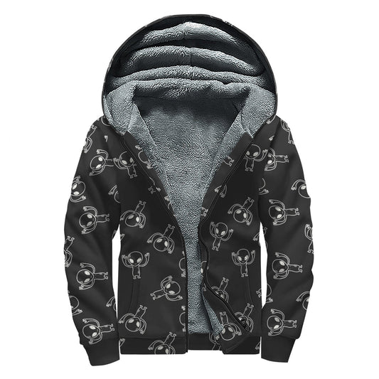 Black and White Alien Print Sherpa Lined Zip Up Hoodie - Embrace Your Inner Hippie Style! - 1