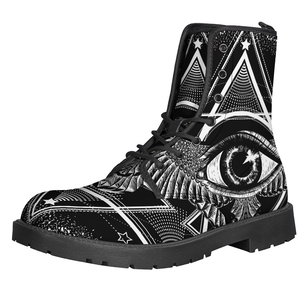 Groovy Vibes and Comfort: Black and White All-Seeing Eye Print Leather Boots - 1