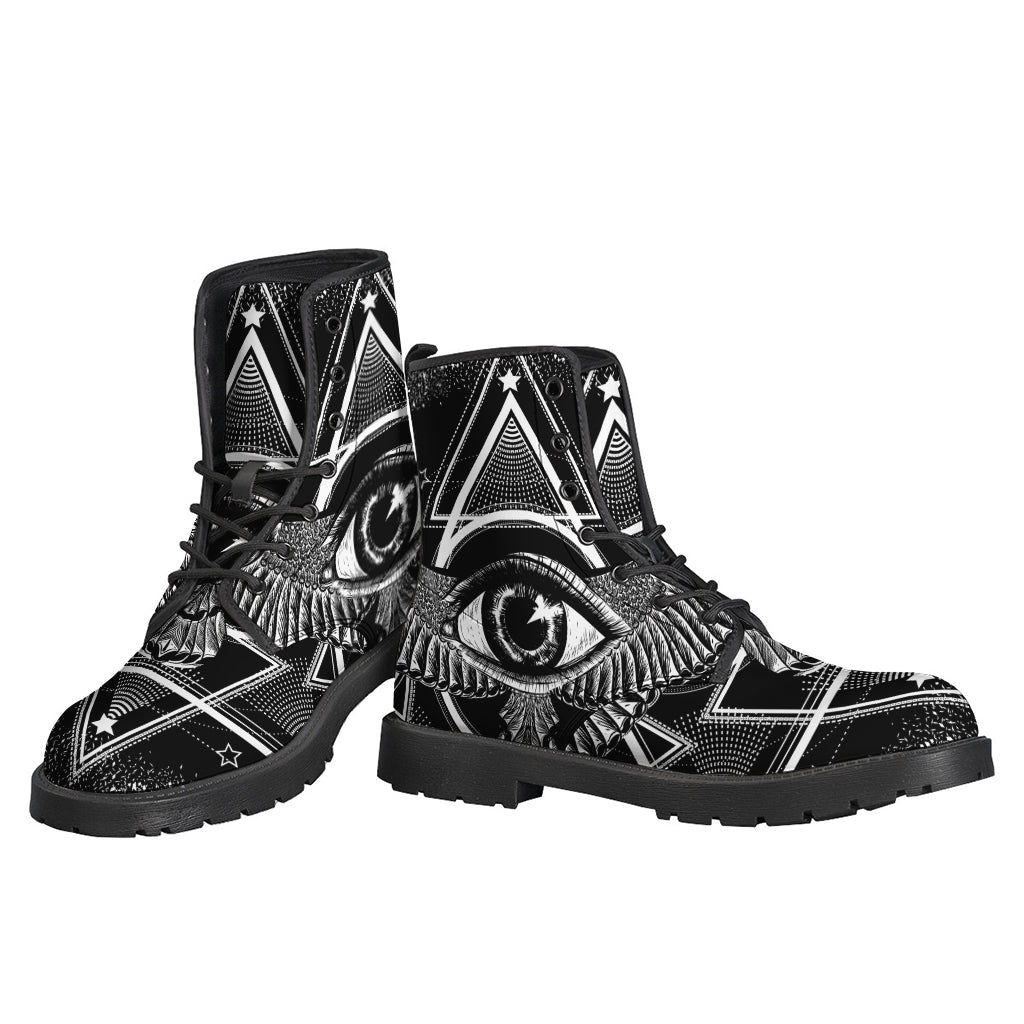 Groovy Vibes and Comfort: Black and White All-Seeing Eye Print Leather Boots - 3