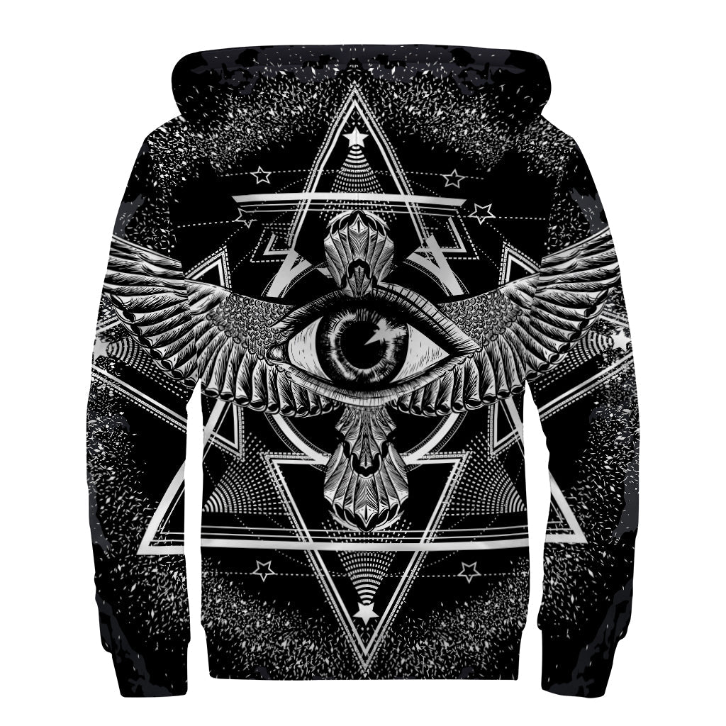 Groovy Black and White All-Seeing Eye Print Sherpa Lined Zip Up Hoodie for Hippie Souls - 2