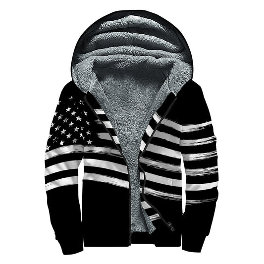 Black and White American Flag Print Sherpa Lined Zip Up Hoodie for the Free Spirited Hippie - 1