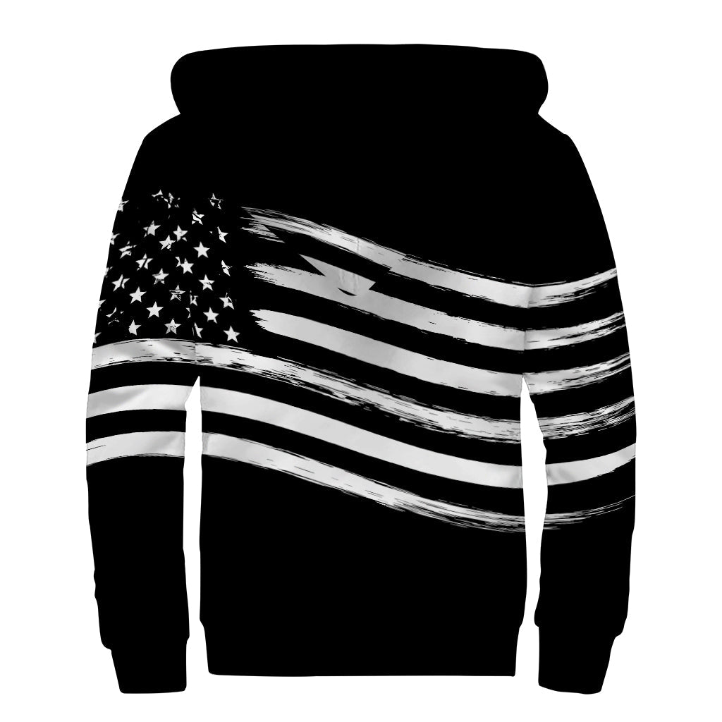 Black and White American Flag Print Sherpa Lined Zip Up Hoodie for the Free Spirited Hippie - 2