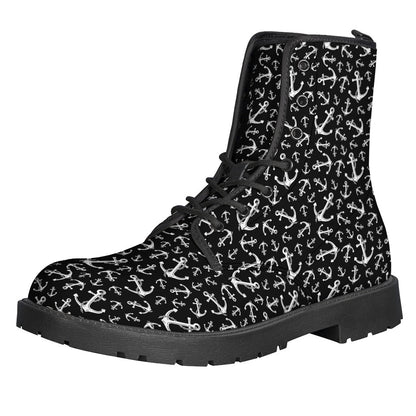 Black and White Anchor Pattern Leather Lightweight Boots for Hippies - 1