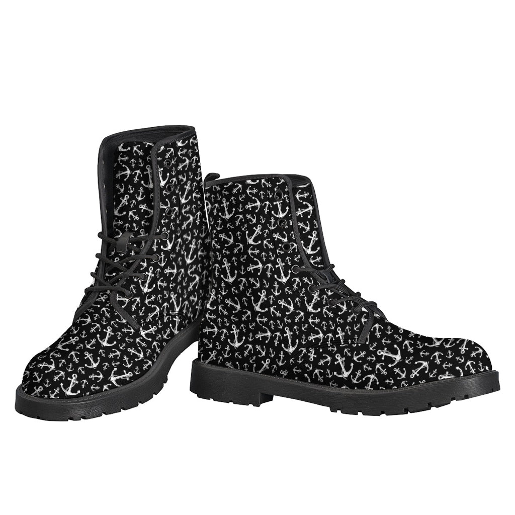 Black and White Anchor Pattern Leather Lightweight Boots for Hippies - 3