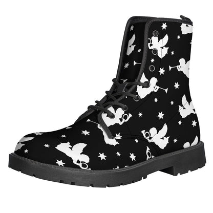 Groovy Grace: Black and White Angel Pattern Leather Boots for the Modern Hippie - 1