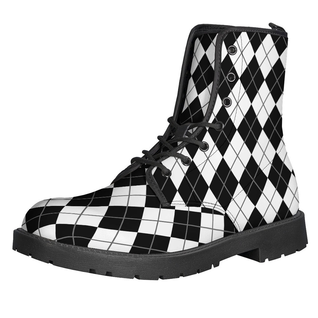 Groovy Black and White Argyle Pattern Leather Boots for Modern-Day Hippies - 1