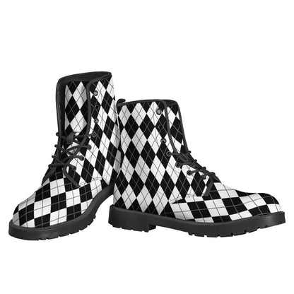 Groovy Black and White Argyle Pattern Leather Boots for Modern-Day Hippies - 3