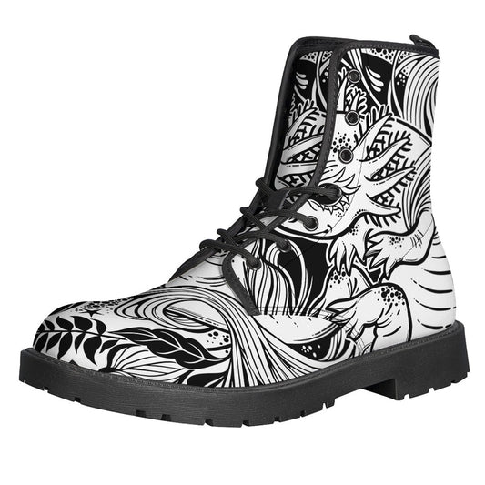 Groovy Black and White Axolotl Print Leather Boots for Hipsters - 1