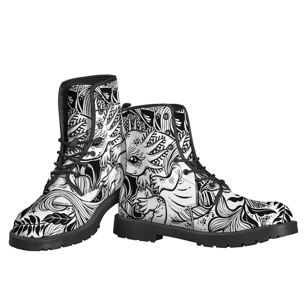 Groovy Black and White Axolotl Print Leather Boots for Hipsters - 3