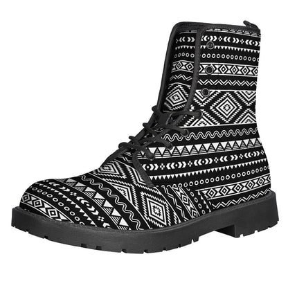 Step Out in Style: Black and White Aztec Ethnic Print Leather Boots for the Modern Hippie - 1