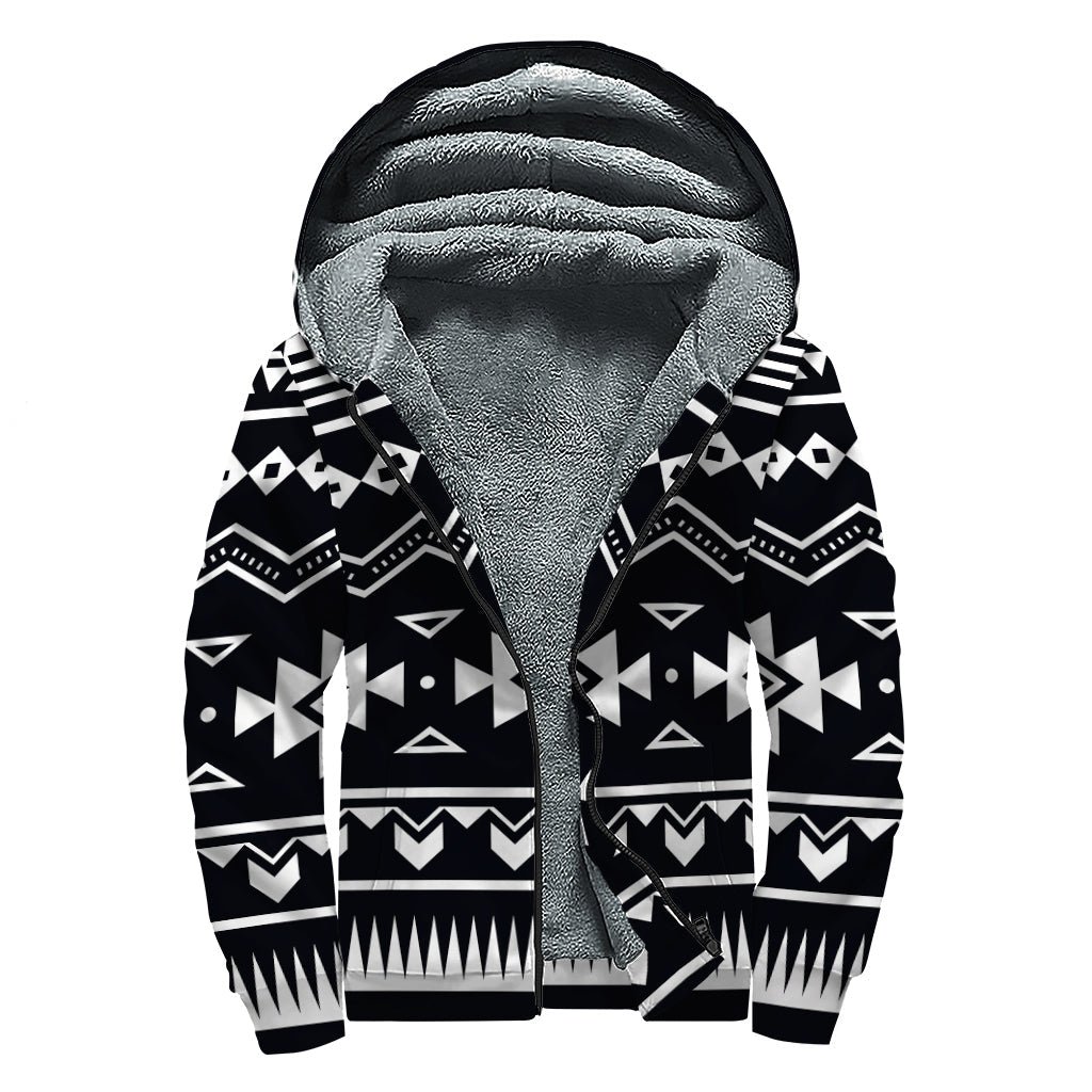 Bohemian Bliss: Black and White Aztec Pattern Sherpa Lined Hoodie - 1