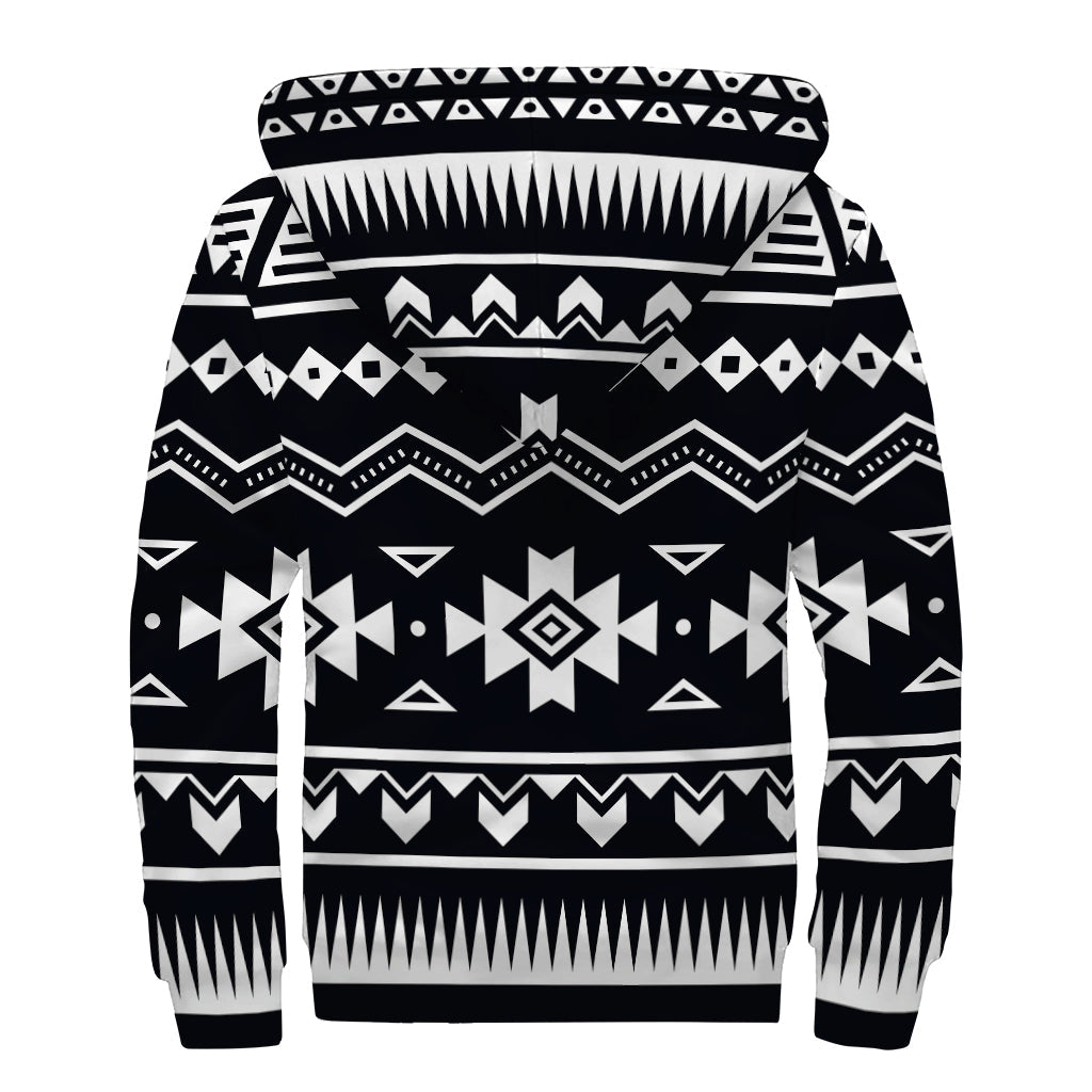 Bohemian Bliss: Black and White Aztec Pattern Sherpa Lined Hoodie - 2