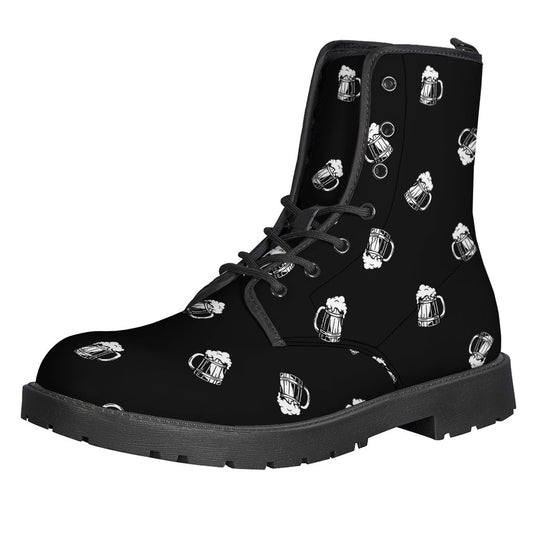 Groovy Black and White Beer Pattern Leather Boots for Free-Spirited Hippies - 1