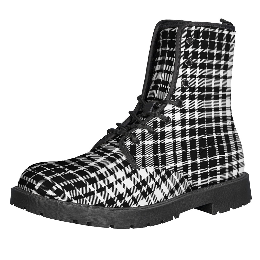 Groovy and Sustainable: Black and White Tartan Print Leather Boots for Hippies - 1