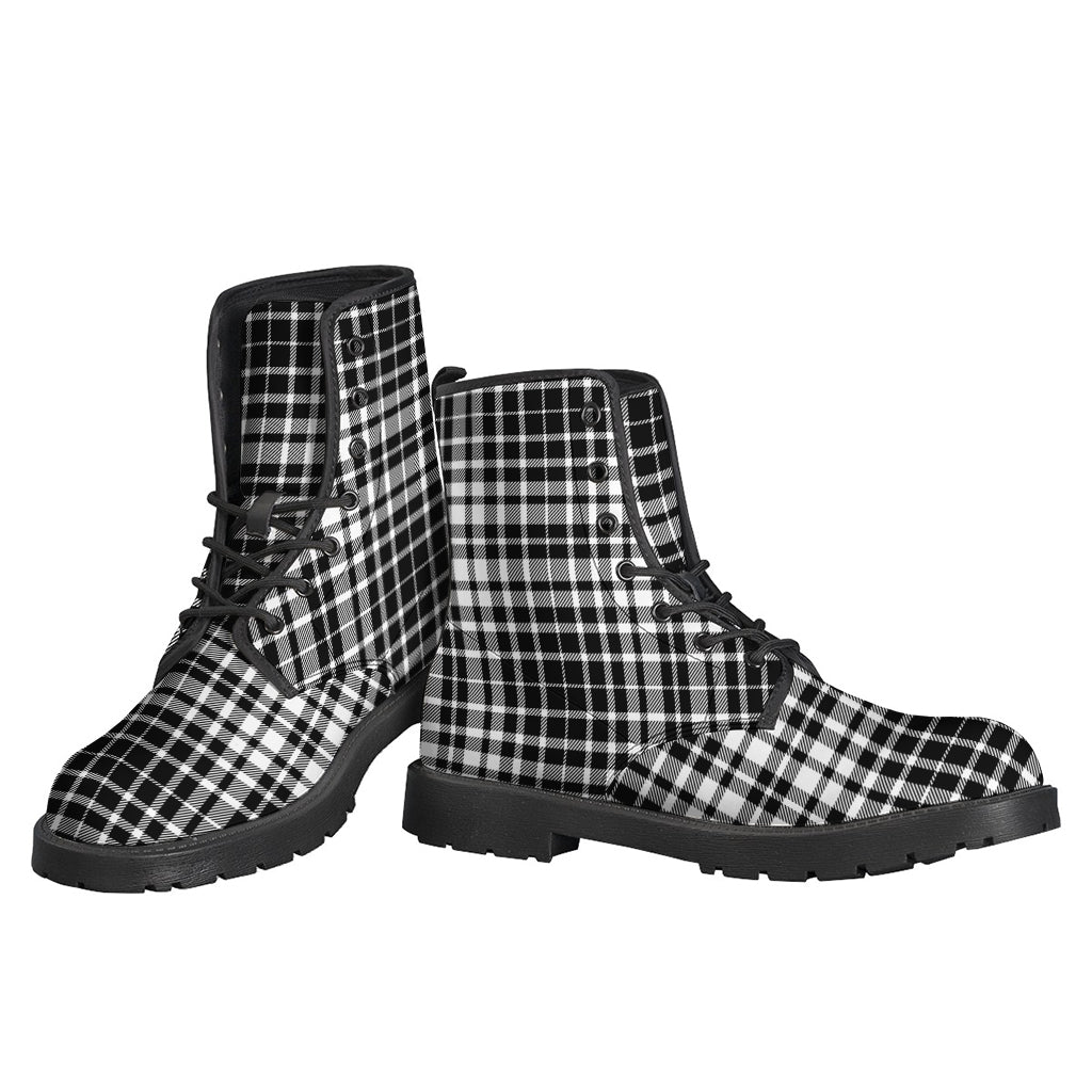 Groovy and Sustainable: Black and White Tartan Print Leather Boots for Hippies - 3