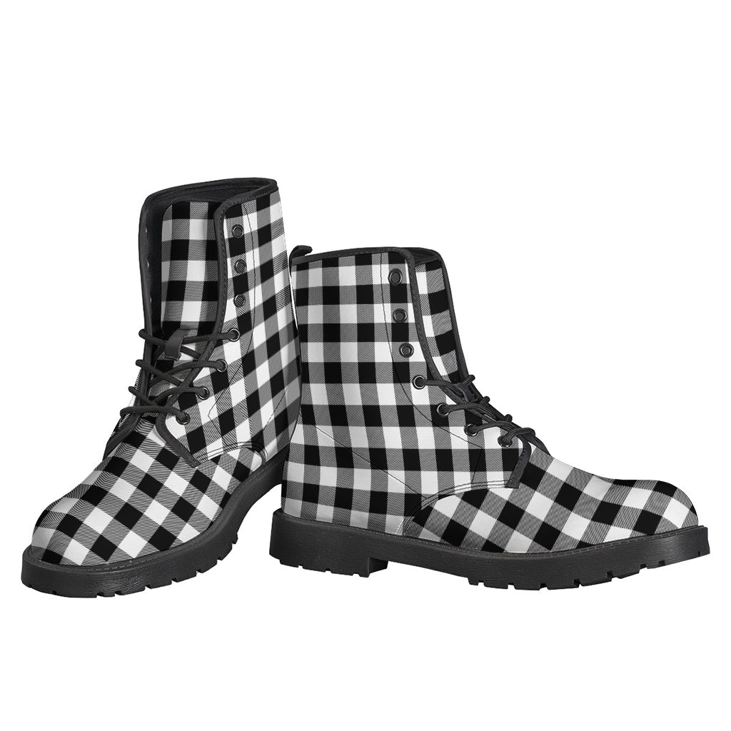 Black and White Buffalo Plaid Leather Lightweight Boots for Stylish Hippies - 3