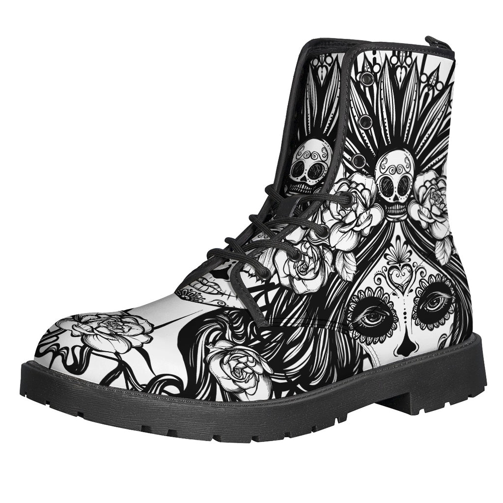 Boho Chic Black and White Calavera Girl Print Leather Boots - 1