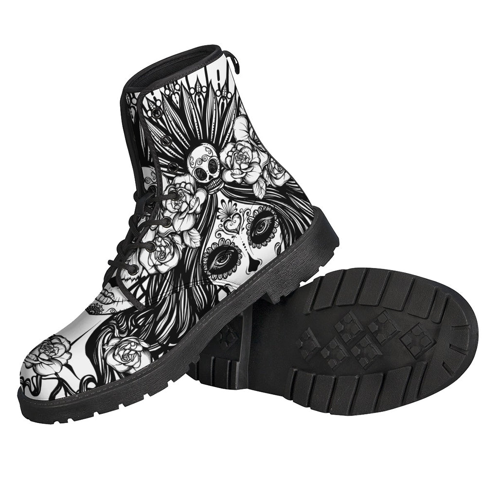 Boho Chic Black and White Calavera Girl Print Leather Boots - 2