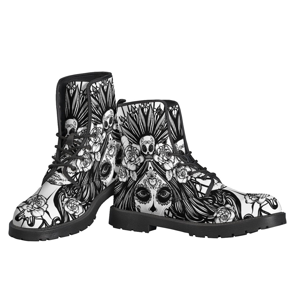 Boho Chic Black and White Calavera Girl Print Leather Boots - 3