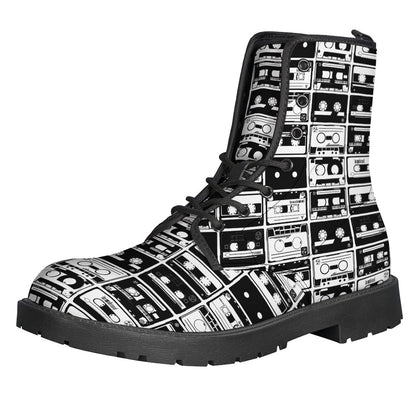 Black and White Cassette Tape Print Leather Boots for Trendsetting Hippies - 1