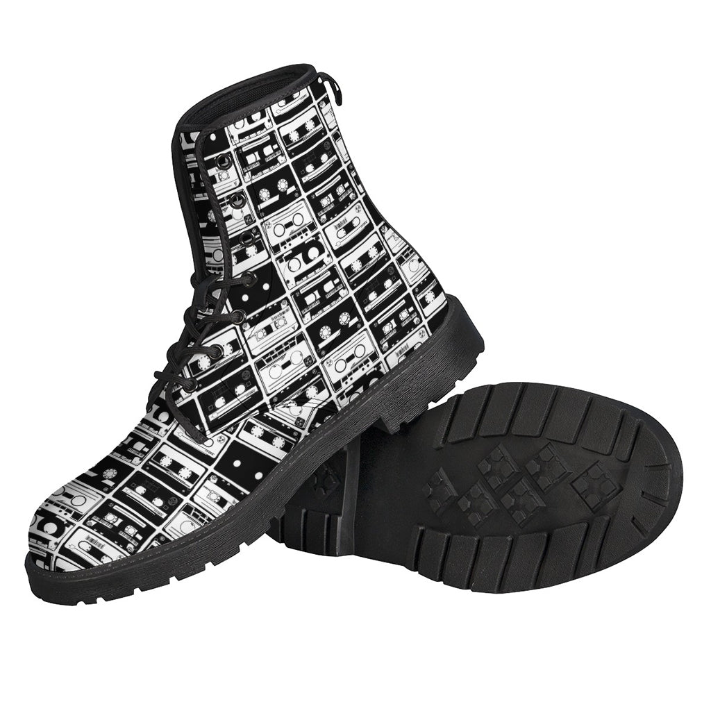 Black and White Cassette Tape Print Leather Boots for Trendsetting Hippies - 2