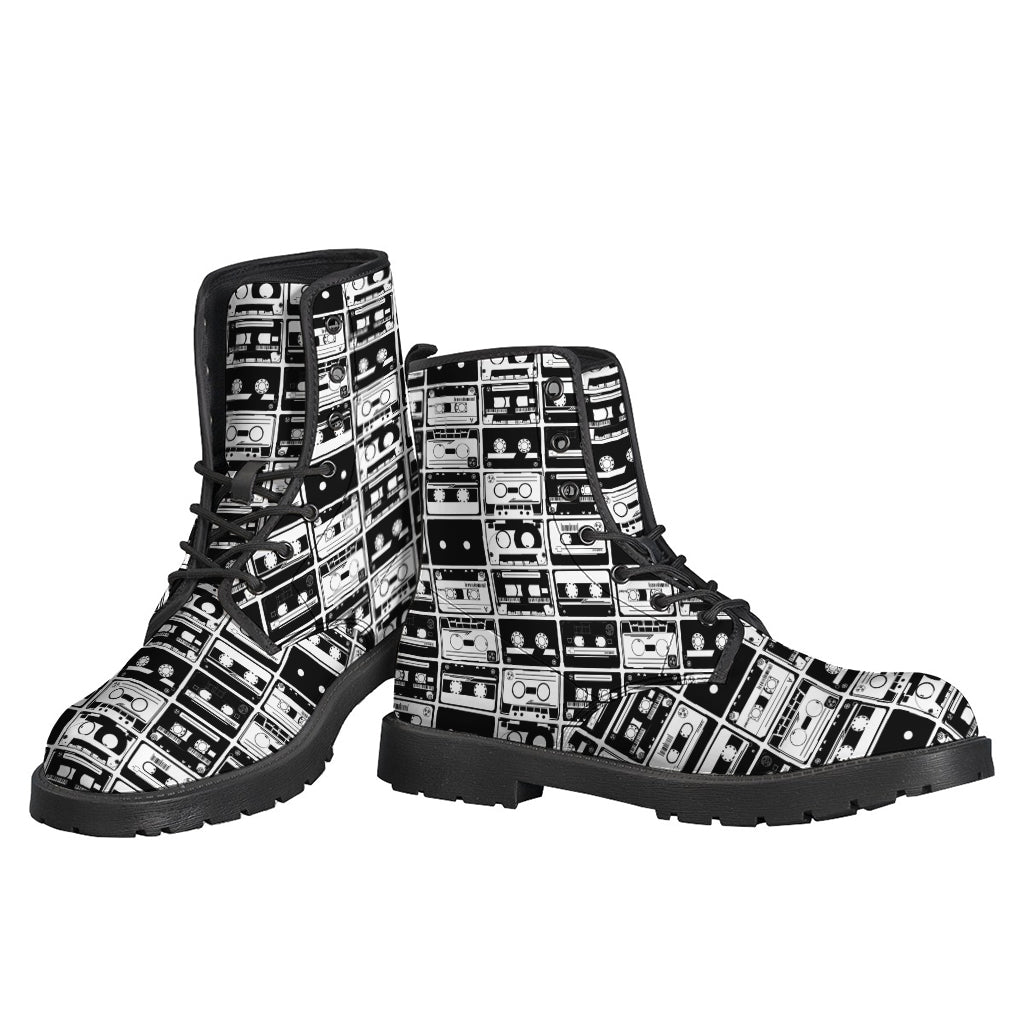 Black and White Cassette Tape Print Leather Boots for Trendsetting Hippies - 3