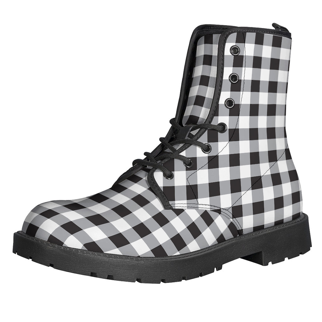 Groovy Black and White Check Pattern Leather Boots for Hippies - 1