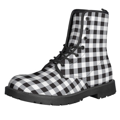 Groovy Black and White Check Pattern Leather Boots for Hippies - 1