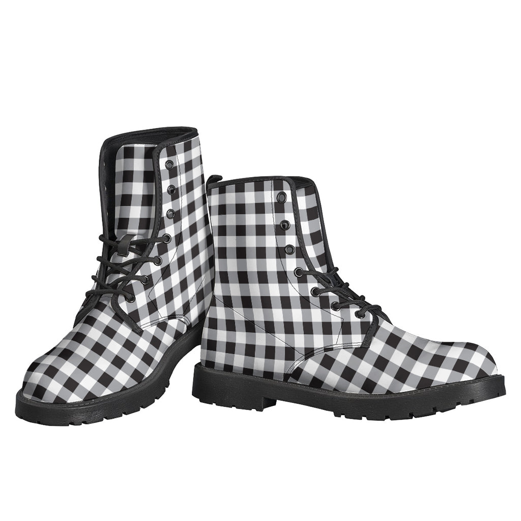 Groovy Black and White Check Pattern Leather Boots for Hippies - 3