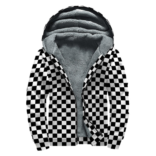 Groovy Vibes: Black and White Checkered Sherpa Lined Zip Up Hoodie - 1