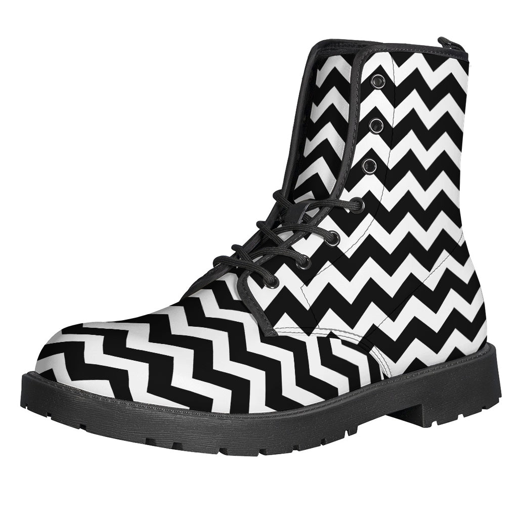 Step into Style with our Black and White Chevron Pattern Print Leather Lightweight Boots - 1