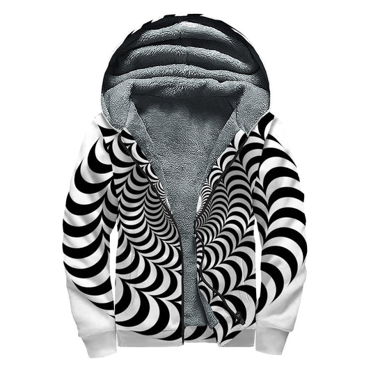 Black and White Circle Illusion Print Sherpa Lined Zip Up Hoodie: Embrace Your Inner Hippie Style - 1