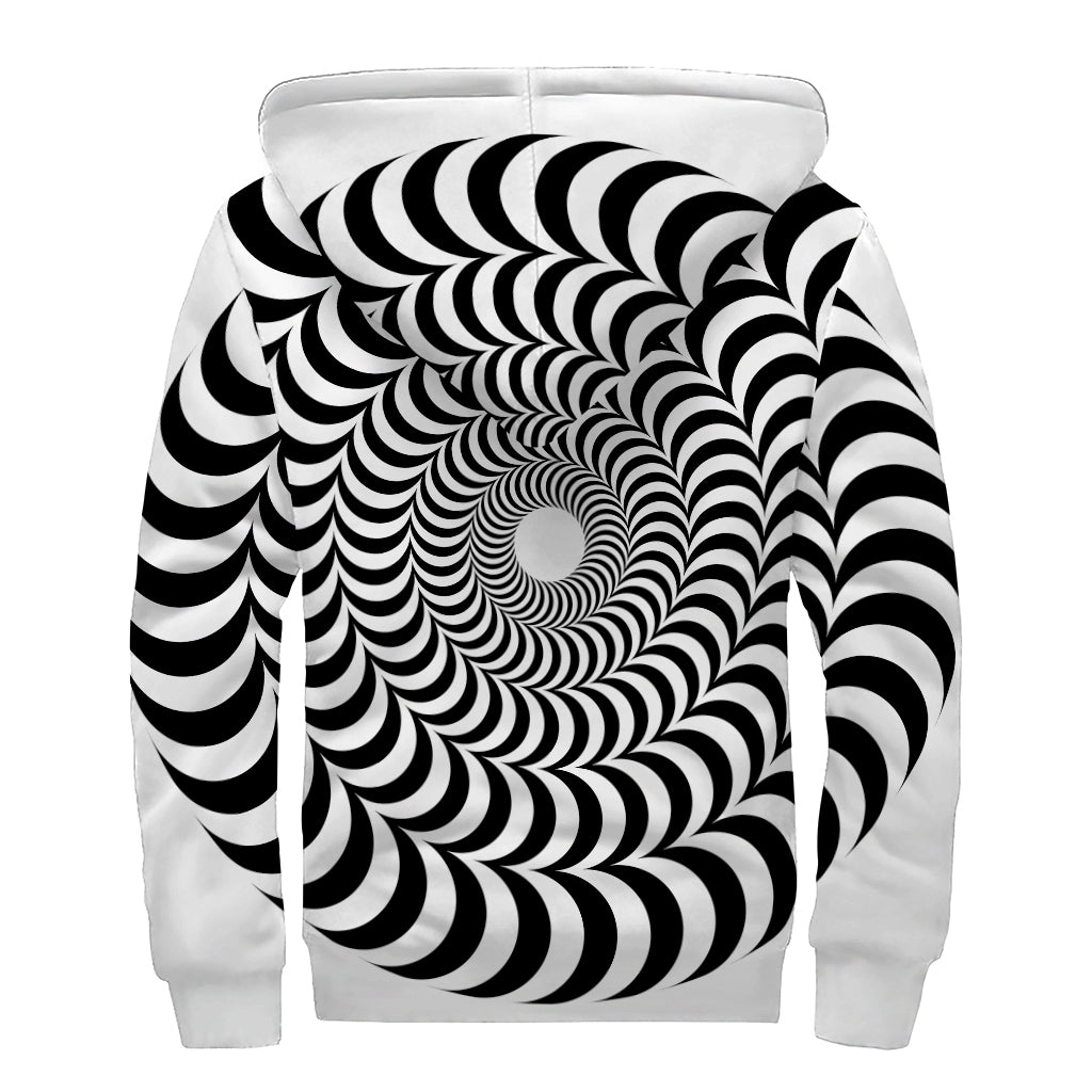 Black and White Circle Illusion Print Sherpa Lined Zip Up Hoodie: Embrace Your Inner Hippie Style - 2